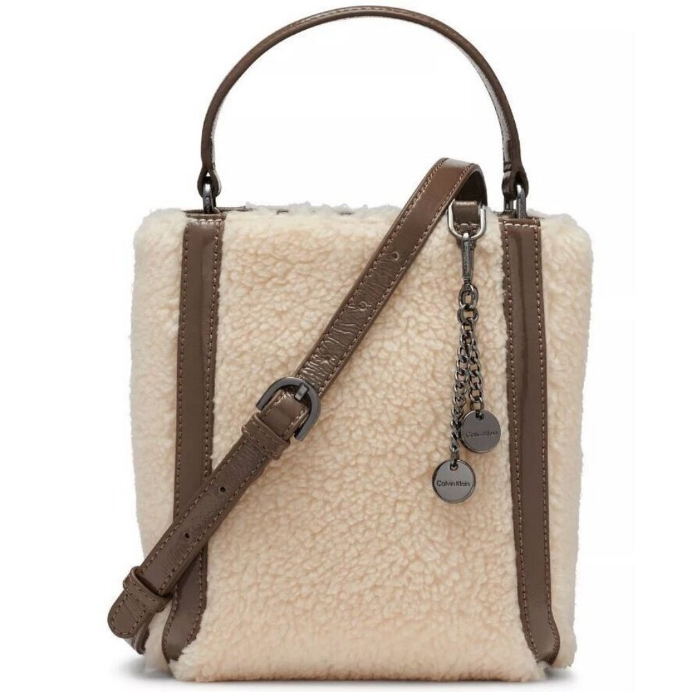 CALVIN KLEIN Astatine sherpa and patent leather top handle mini crossbody -Taupe